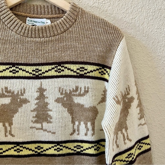 Vintage M. HYMAN And SON Sweater Pullover Intarsia Cowichan Moose Western Tan L - Picture 5 of 7